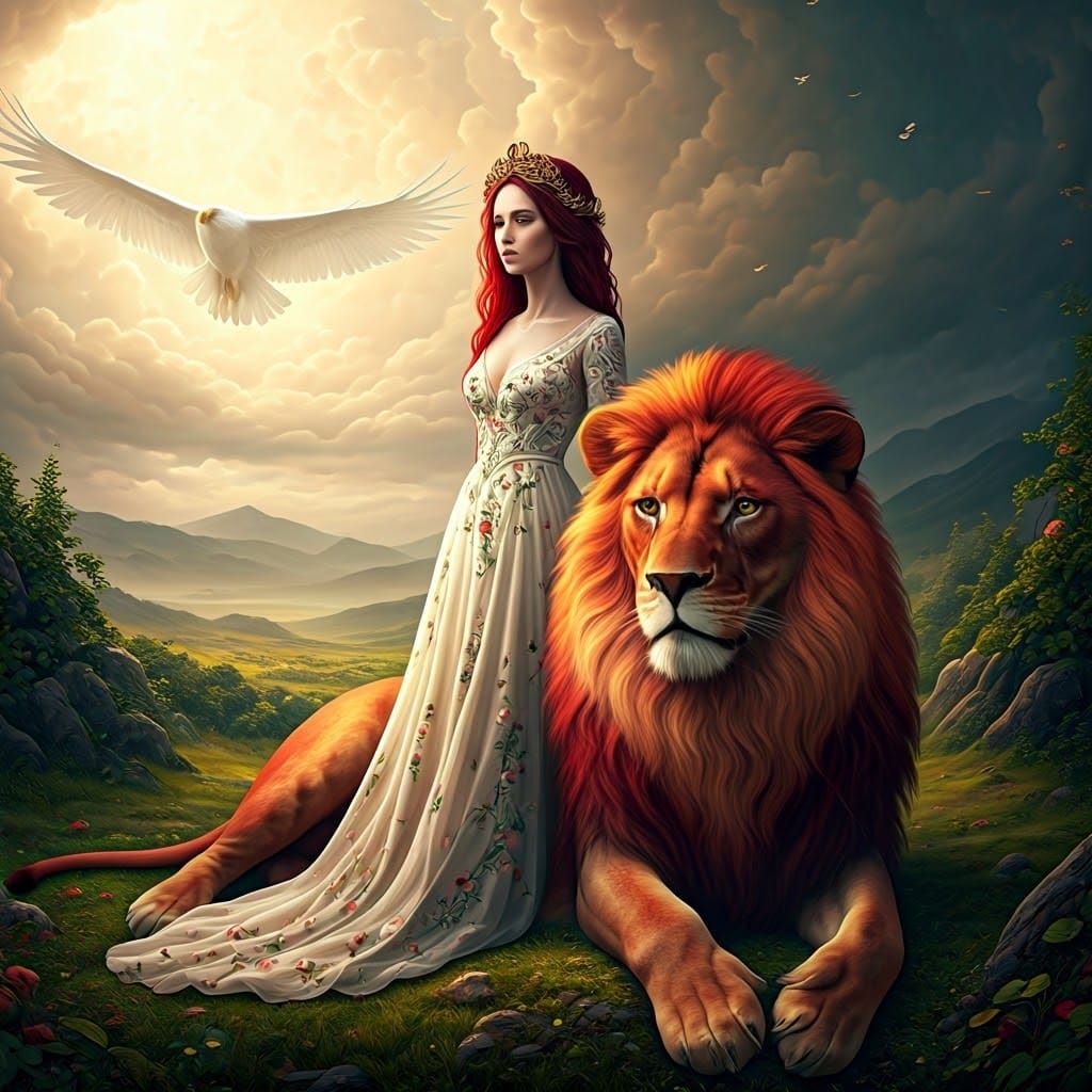 Woman with Lion and Eagle, in Digital Painting Style