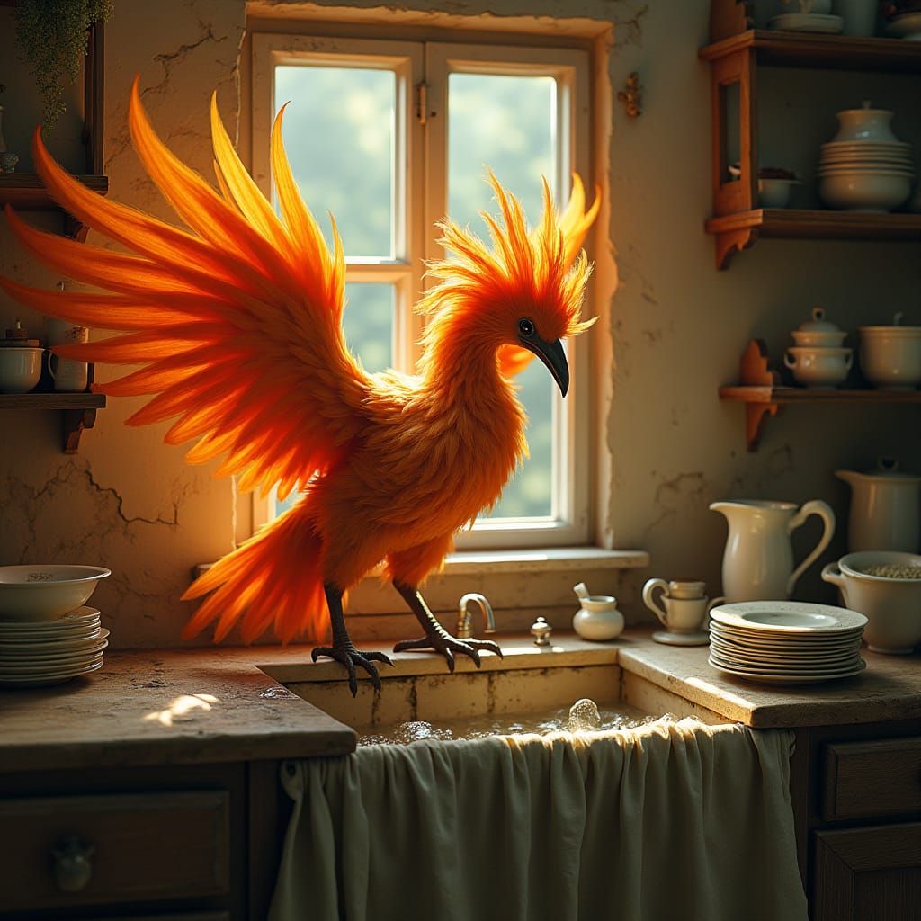 Phoenix Washing Dishes in Dreamlike Kitchen
