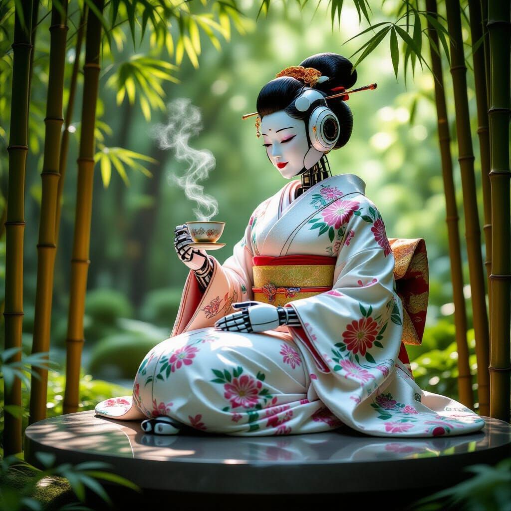 Robot Matriarch in Bamboo Garden: Digital Painting