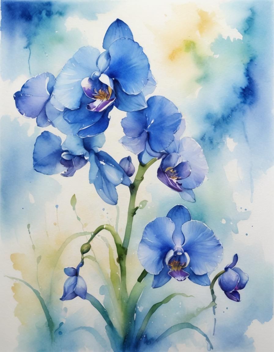 Blue Orchid Flowers in Abstract Watercolor