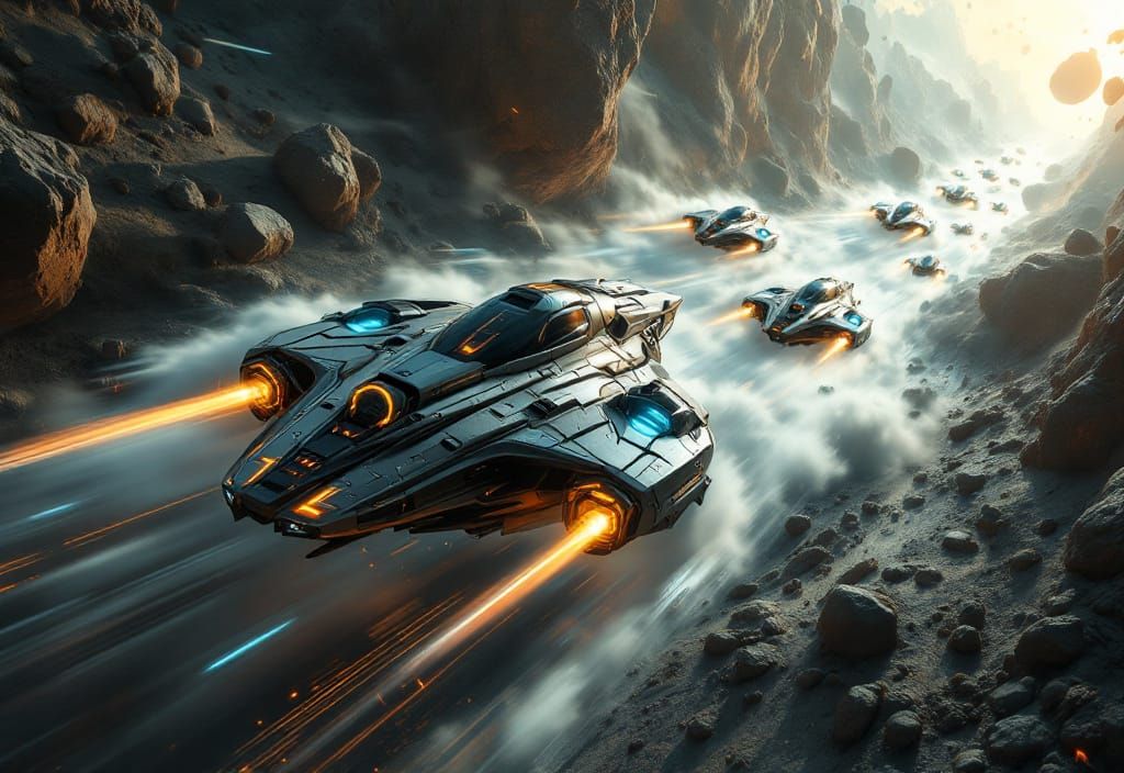 Sci-Fi Spacecraft Race Through Asteroid Field