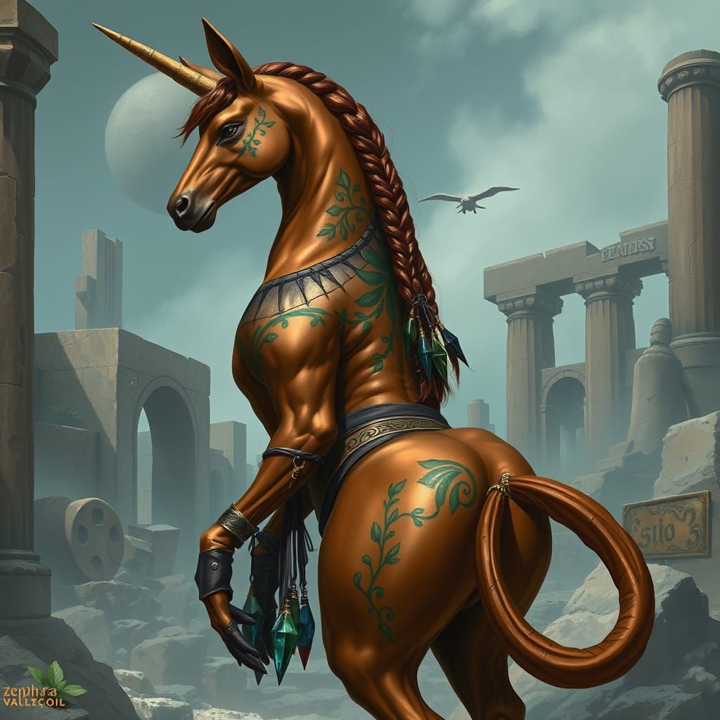 Centaur Monk in Ancient Ruins, Retro-Futuristic Art