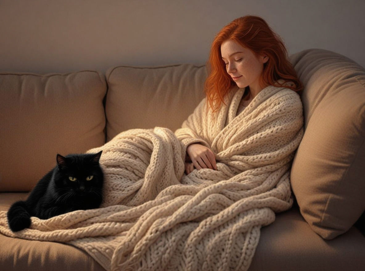 Cozy Hygge Illustration Of Woman With Cat