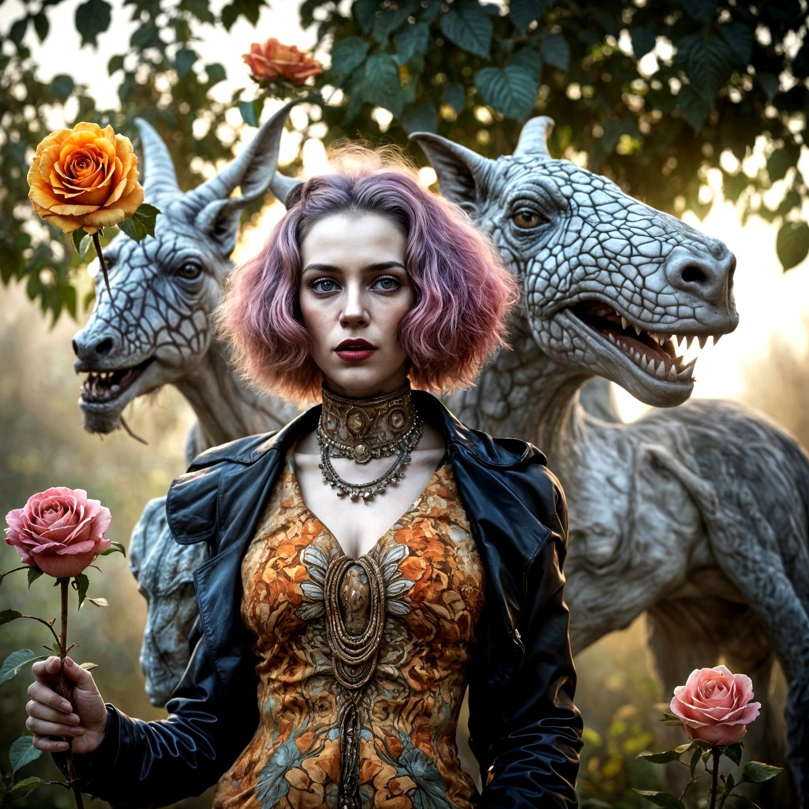 Cosmic Characters with Rose Amber Faces, Magical Realism