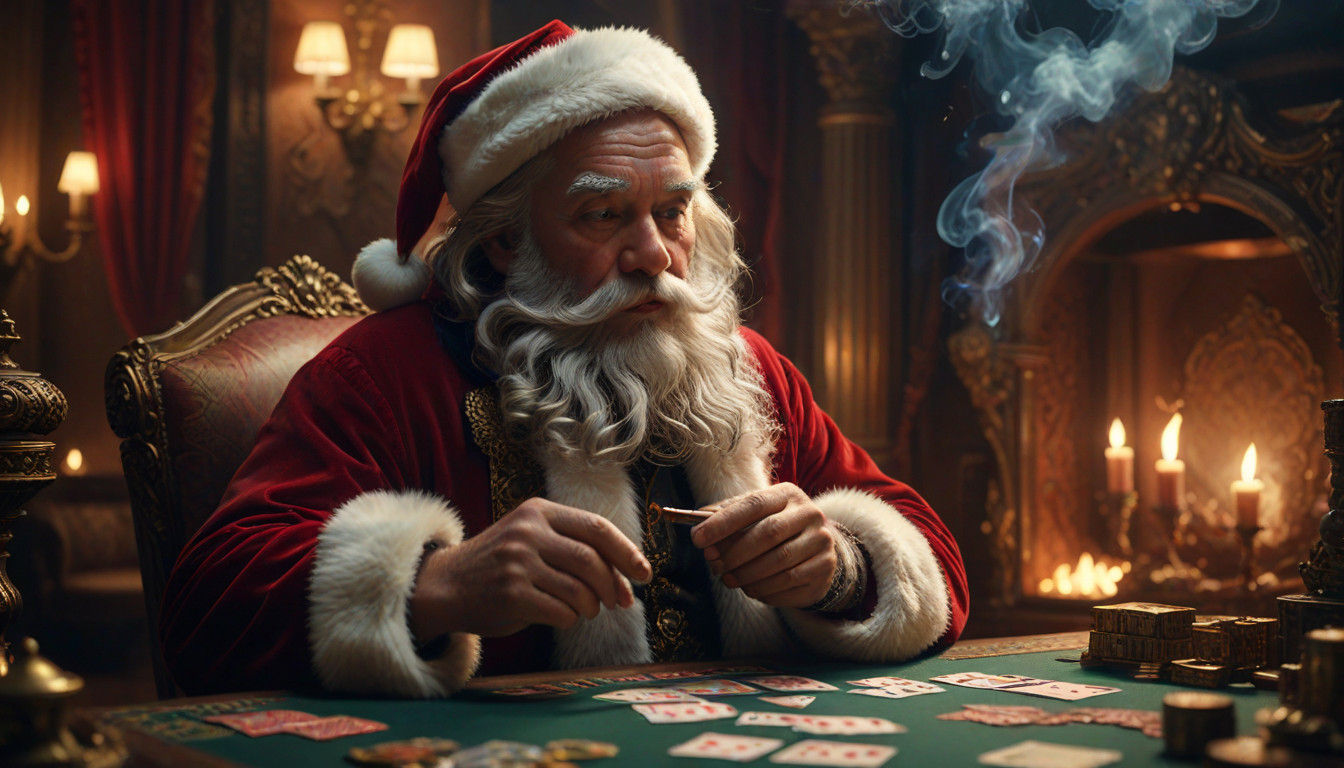 Ethereal Santa Claus Plays Cards in Warm, Cinematic Lighting