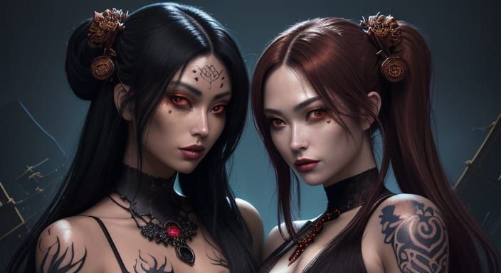 Dark Fantasy Women Embrace in Ethereal Junkyard