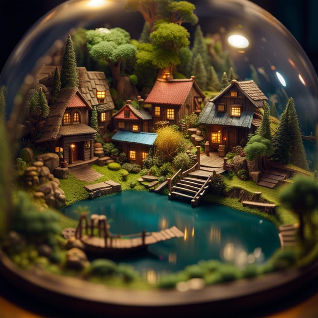 Miniature Village in Glass Dome: Detailed Matte Painting