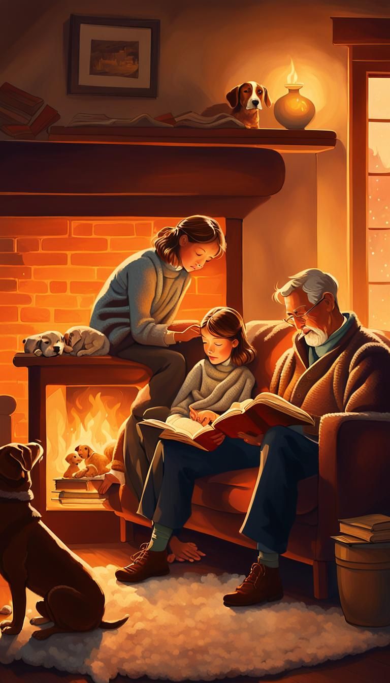 Idyllic Family Moment by Fireplace, Norman Rockwell Style