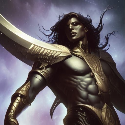 Dark Angel Knight in Starry Night Sky