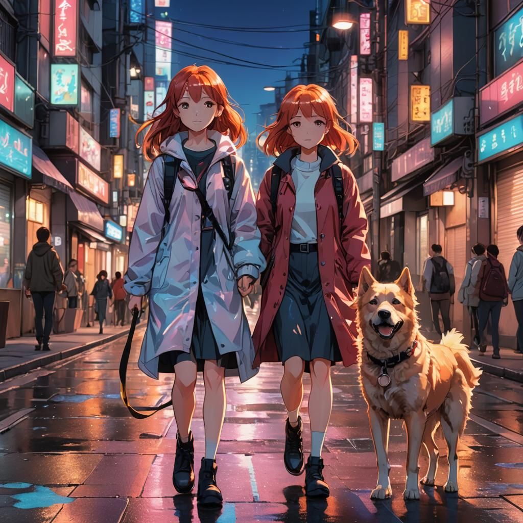 Red-Haired Girl and Dog in Manga Style
