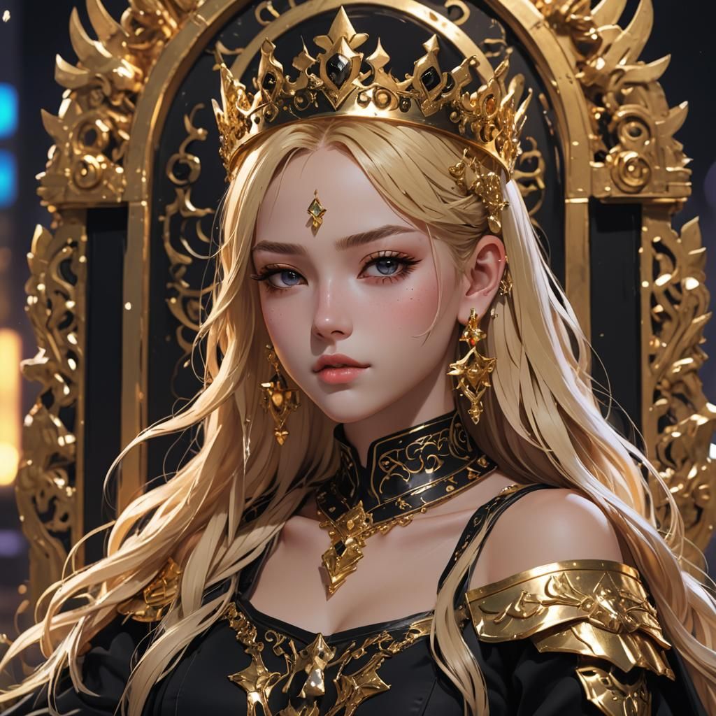 Anime Girl with Cat on Throne in 3D