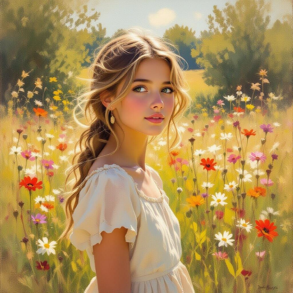 Impressionistic Oil Painting of a French Girl in a Meadow