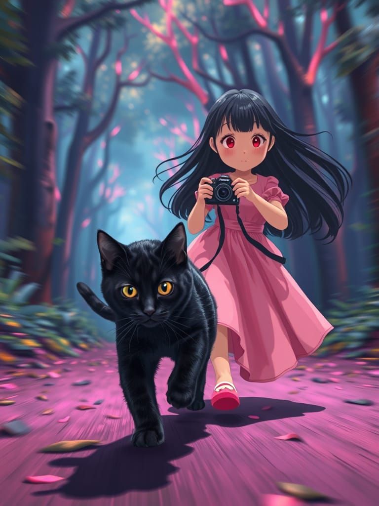 Anime Black Cat Steals Camera in Neon Forest