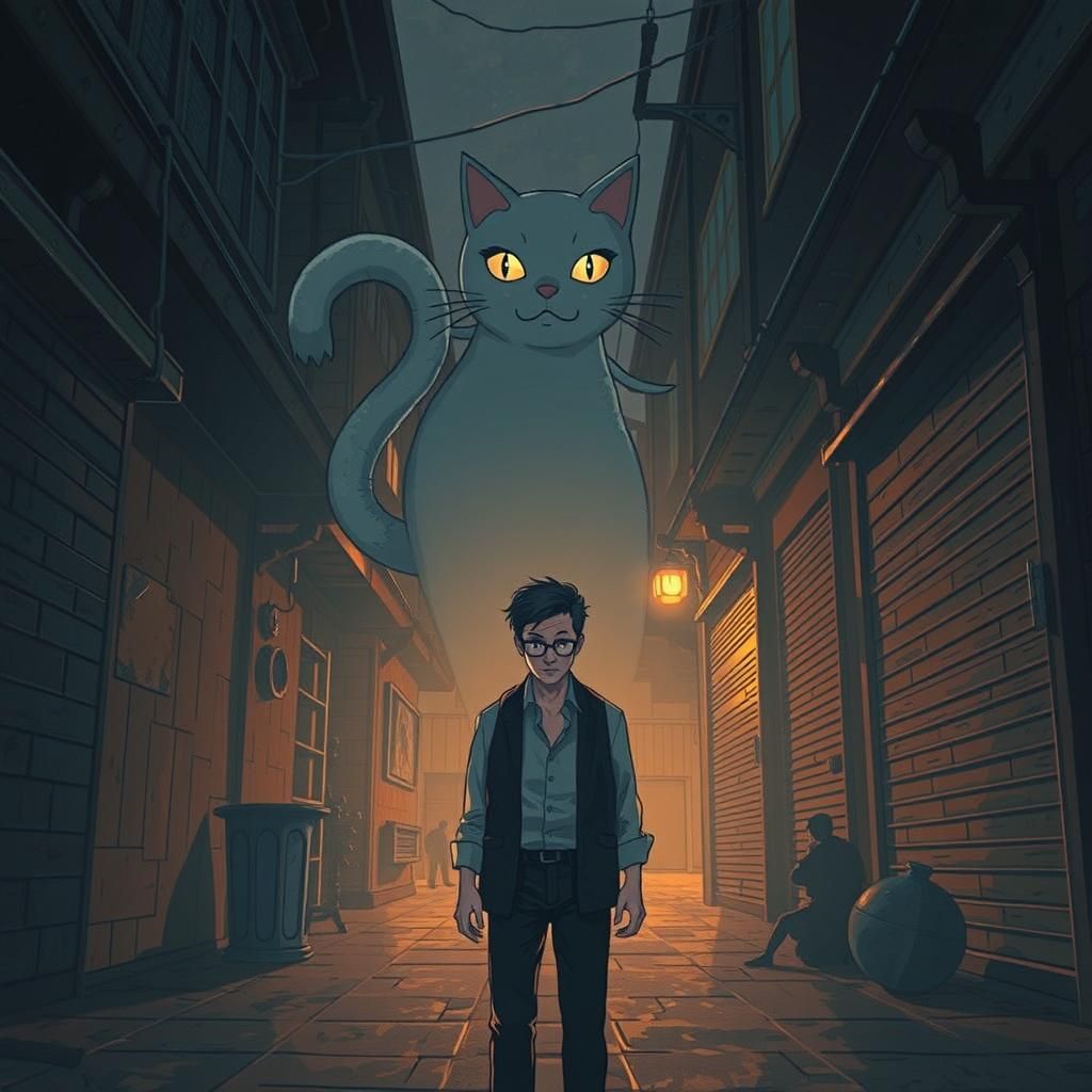 Terrified Man and Ghost Cat in Vintage Style