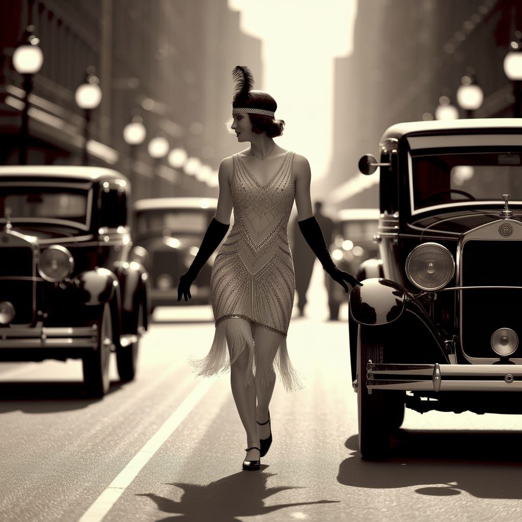 1920s Flapper Dancer in Sepia Street Parade
