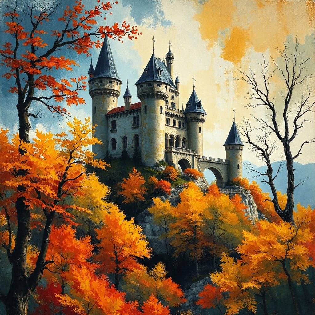 Autumn Castle Landscape in Vibrant Expressionist Style