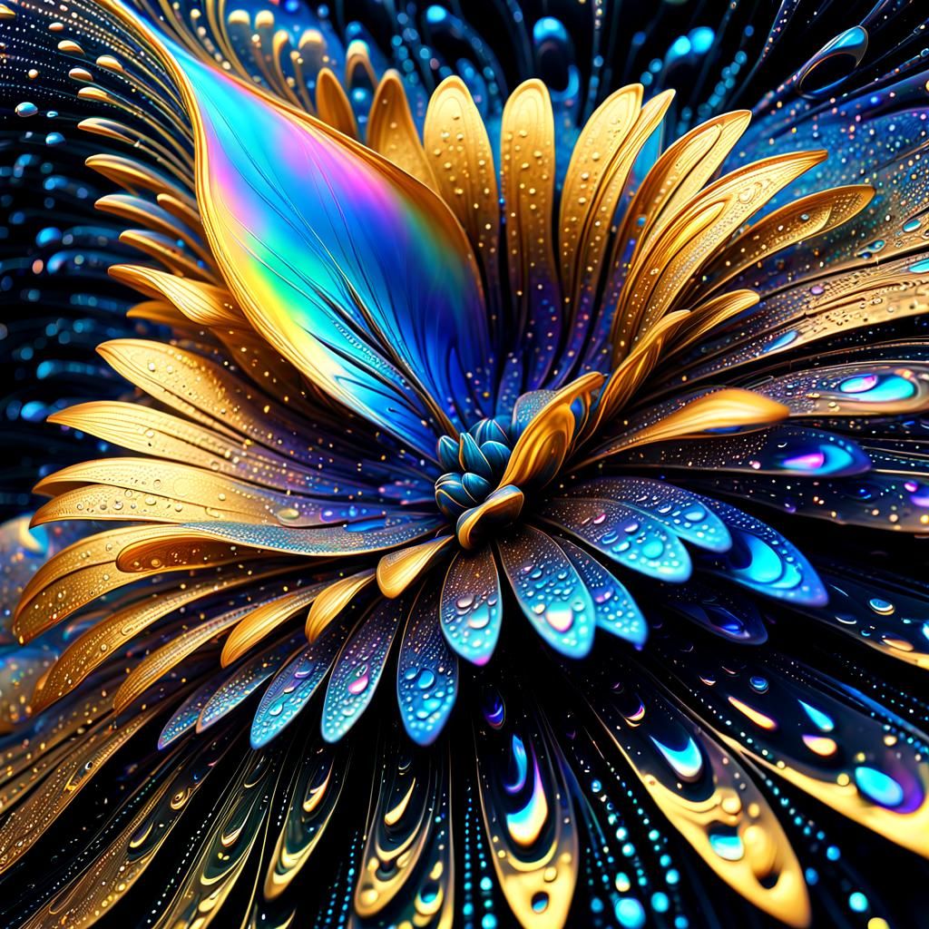 Iridescent Alien Flower with Raindrops in Holographic Illust...