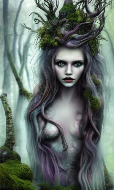 A beautiful mossy forest spirit manic pixie animalistic long-haired witch princess
