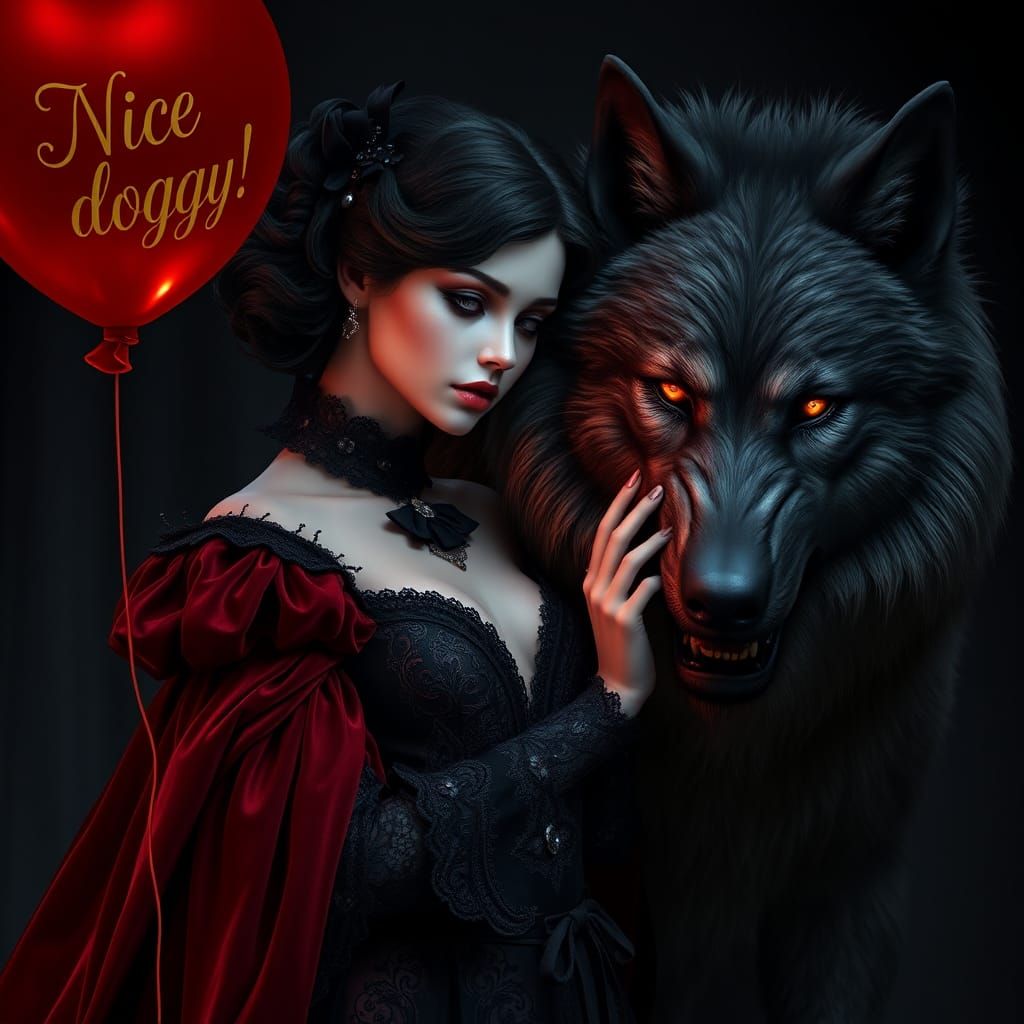 Vampire and Werewolf with Balloon, in Dark Fantasy Style