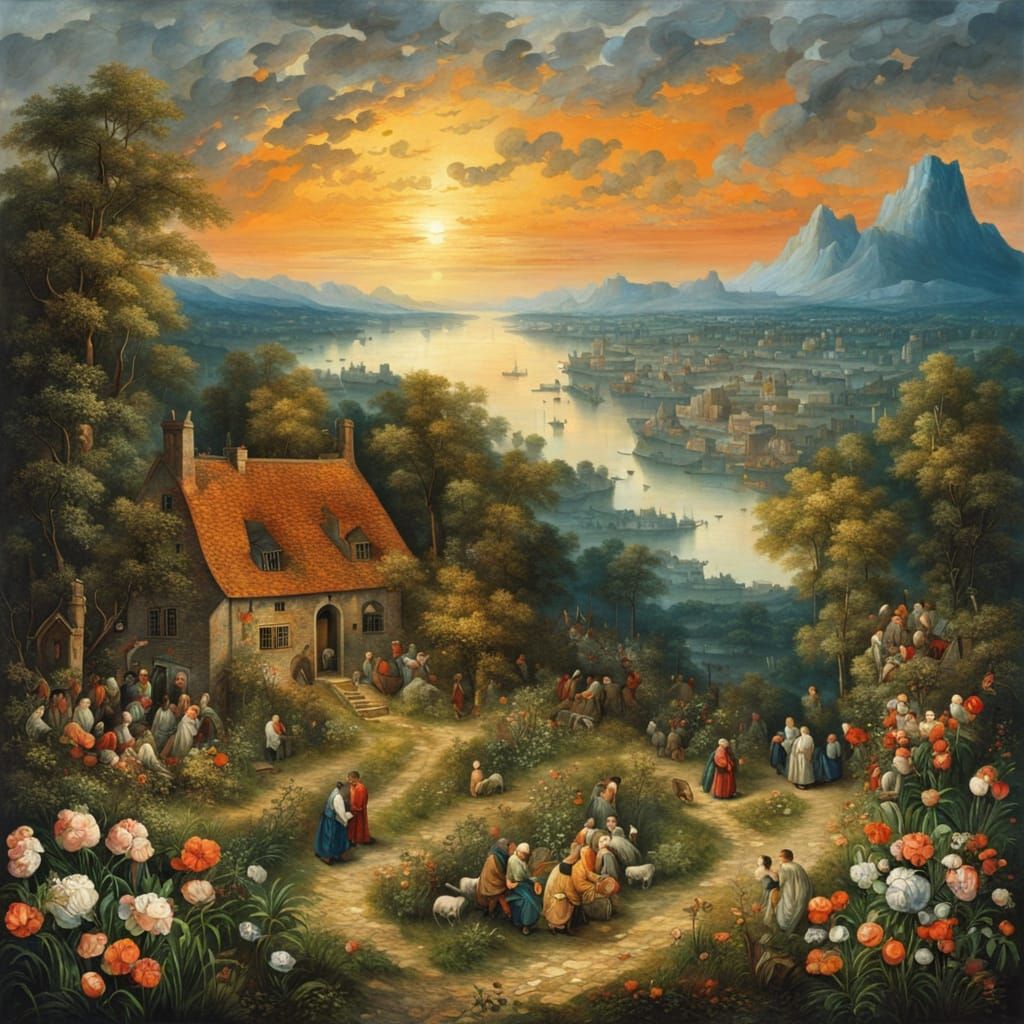Jan Brueghel Style Sunset Landscape Painting