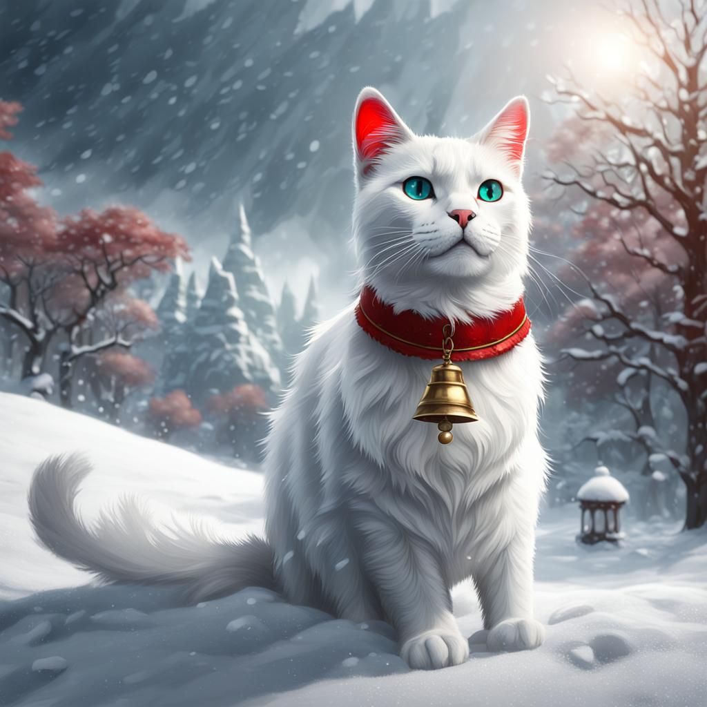 White Cat with Red Collar in Snow, Fantasy Art