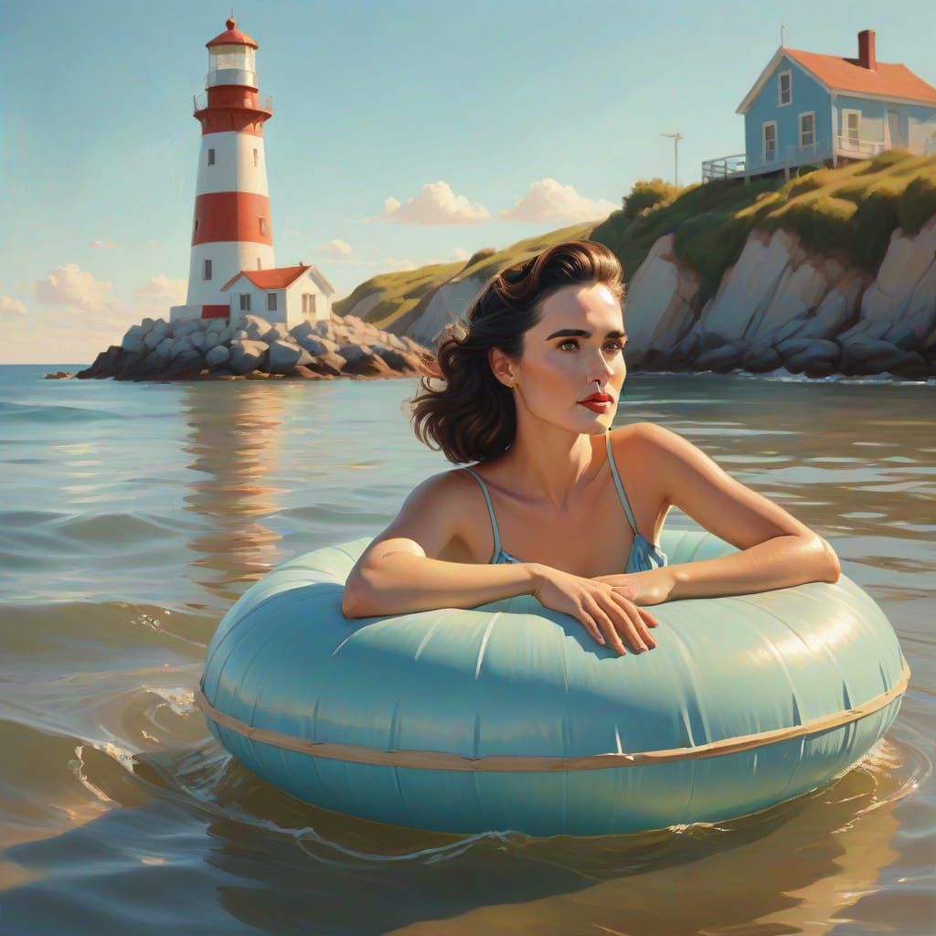 Retro Summer Scene with Woman in Ocean