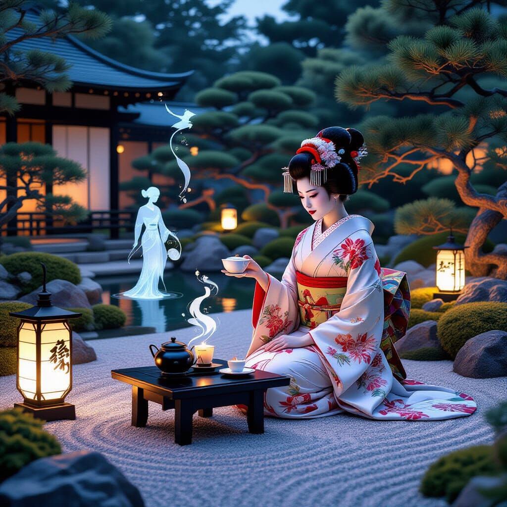 Geisha Serves Tea to Spirits in Japanese Garden