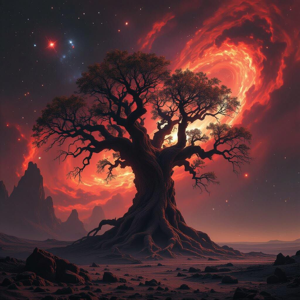 Alien Tree Overlooking Nebula in Cosmic Landscape