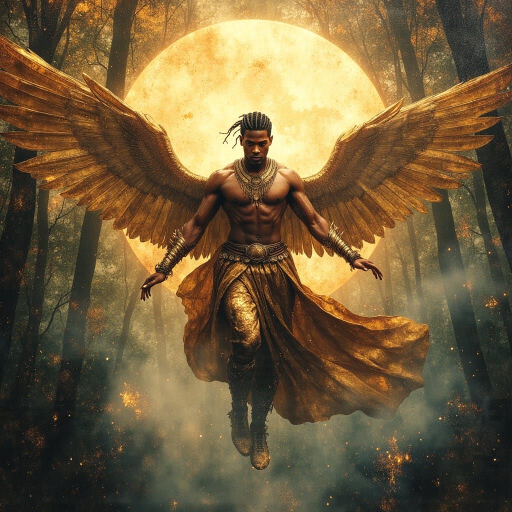 Black Warrior God in Golden Armor Flying Under Full Moon