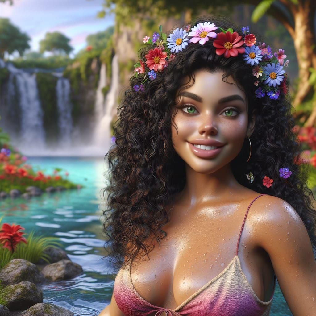 Hispanic Woman with Wet Hair in Paradise, Fantasy Art
