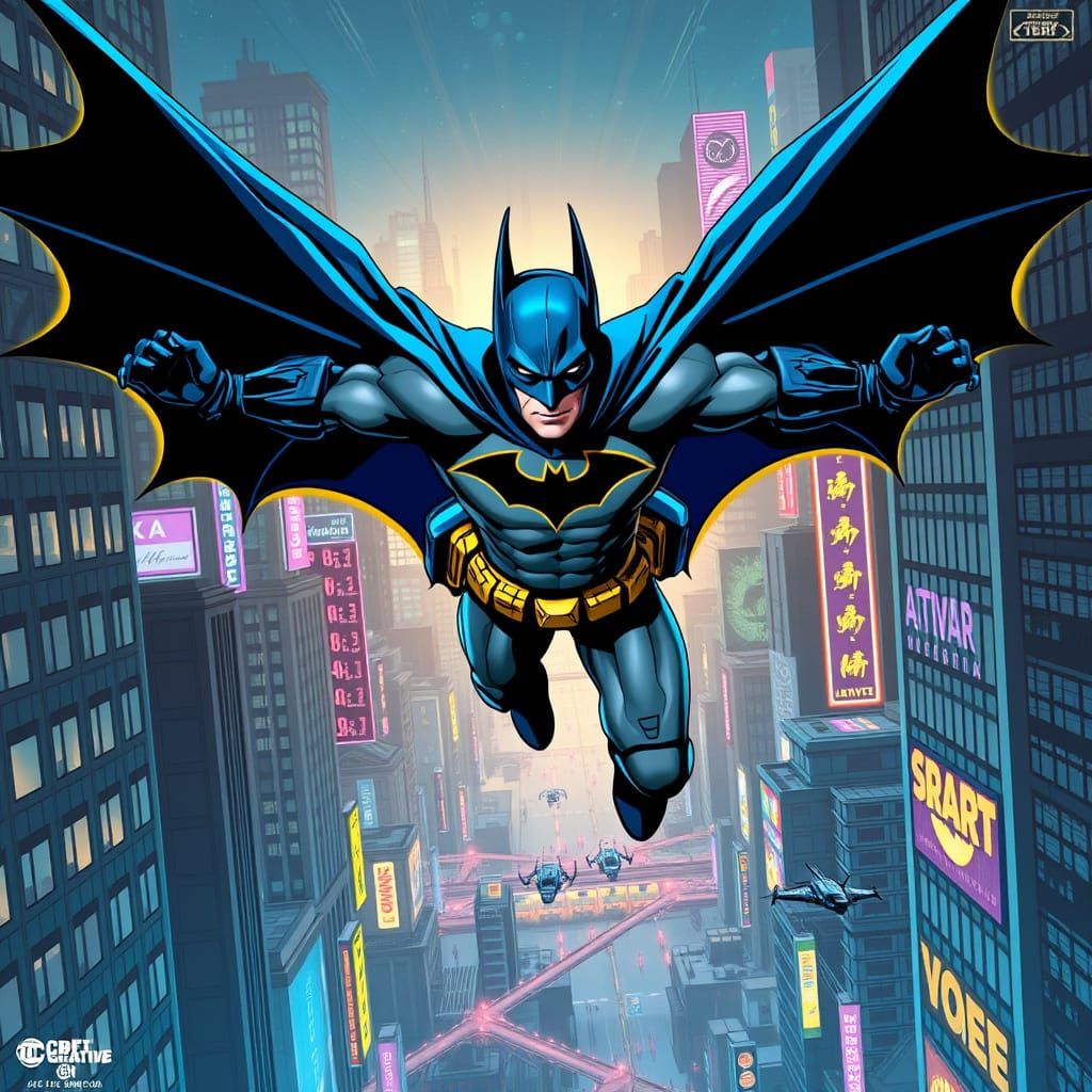 Batman Soaring Through Futuristic Cityscape