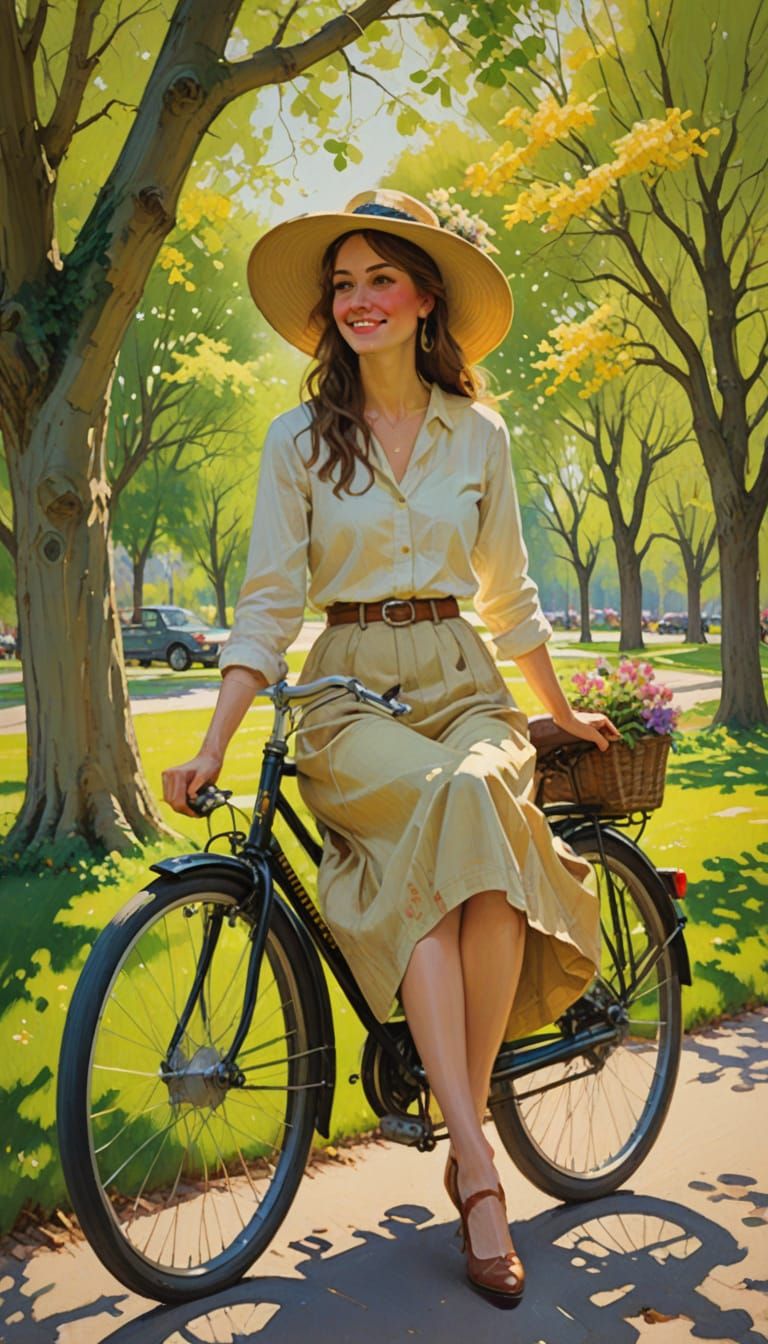 Woman on Bicycle in Sun-Dappled Park, Impressionistic Style