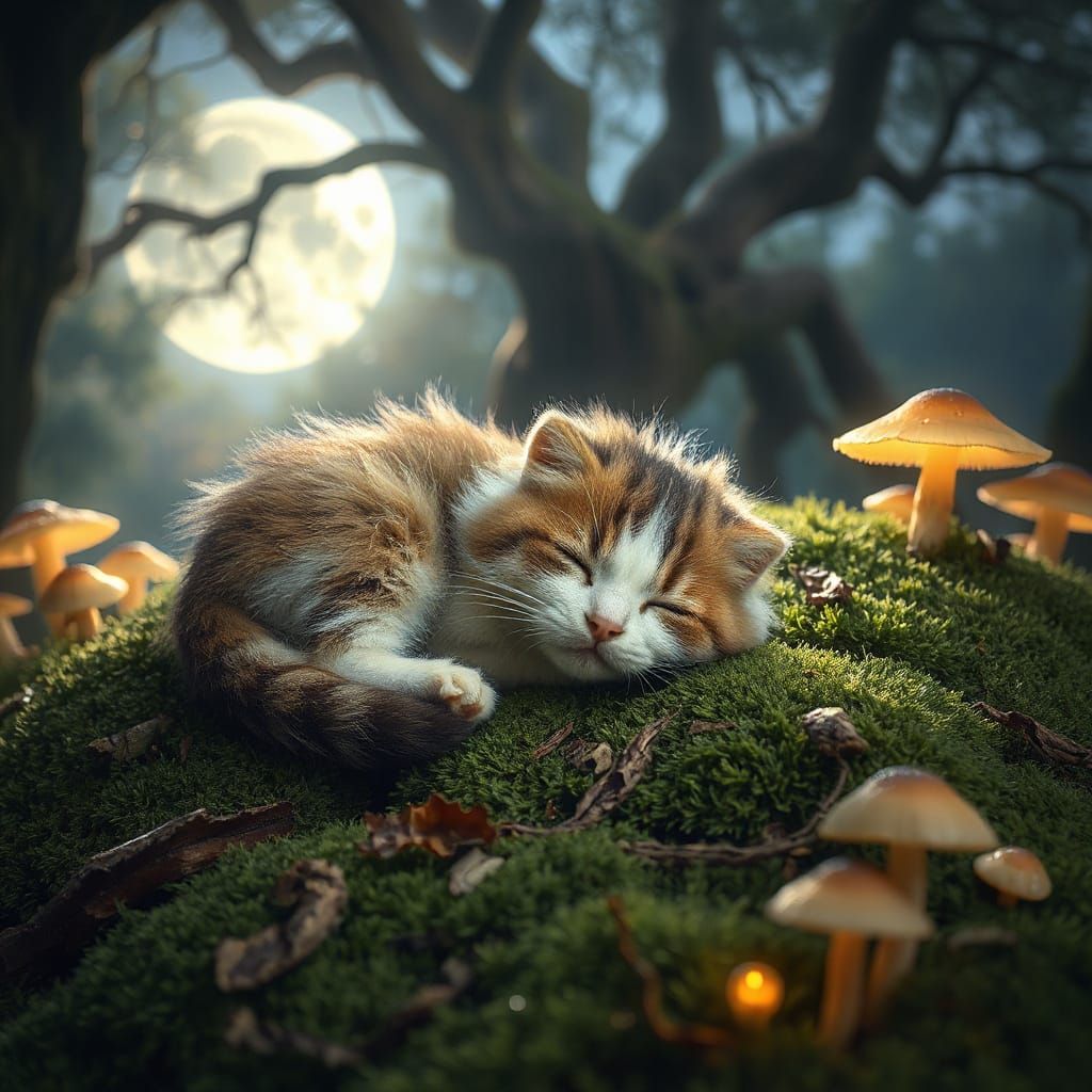 Adorable Baby Cat Sleeps Amidst Enchanted Forest
