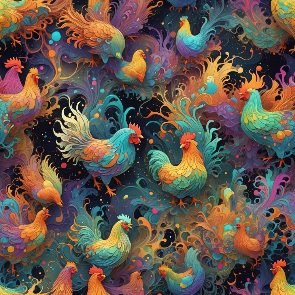 Ethereal Abstract: Floating Chickens in Aurora Void