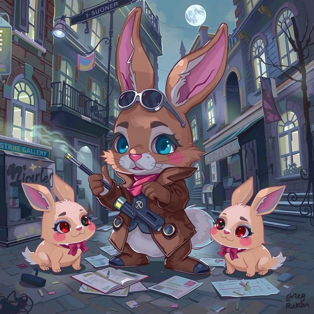 Cartoon Bunny Detective in Dark City