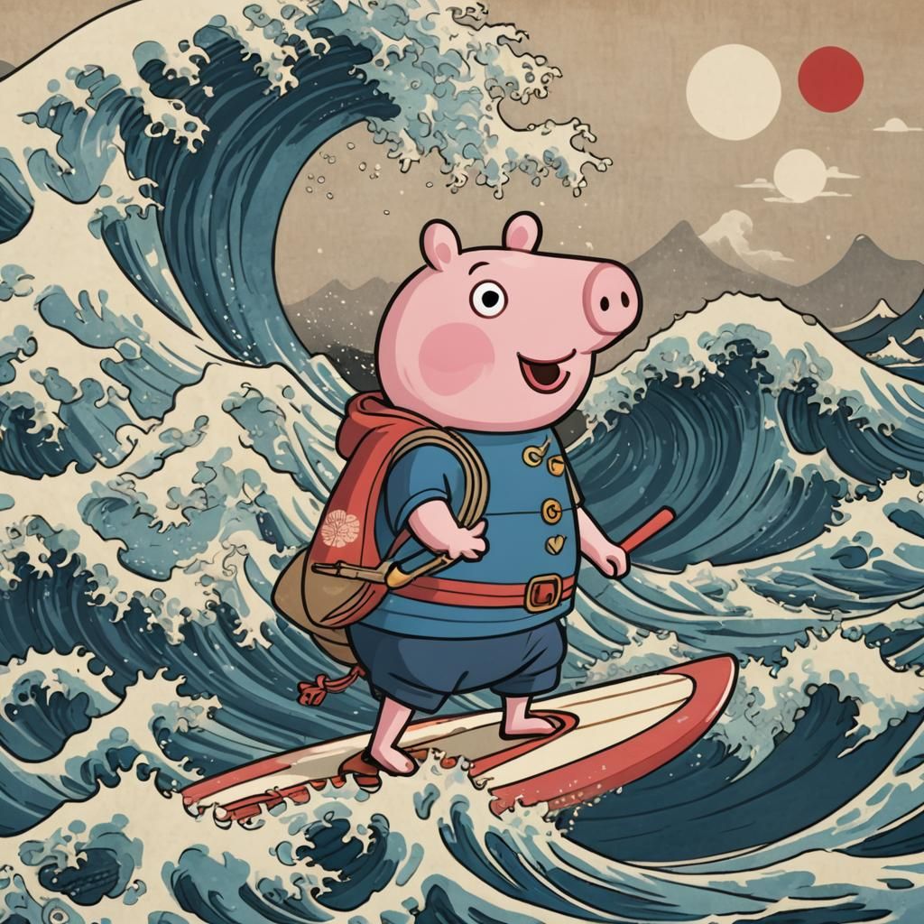Peppa Pig Rides The Great Wave: Ukiyo-e Painting