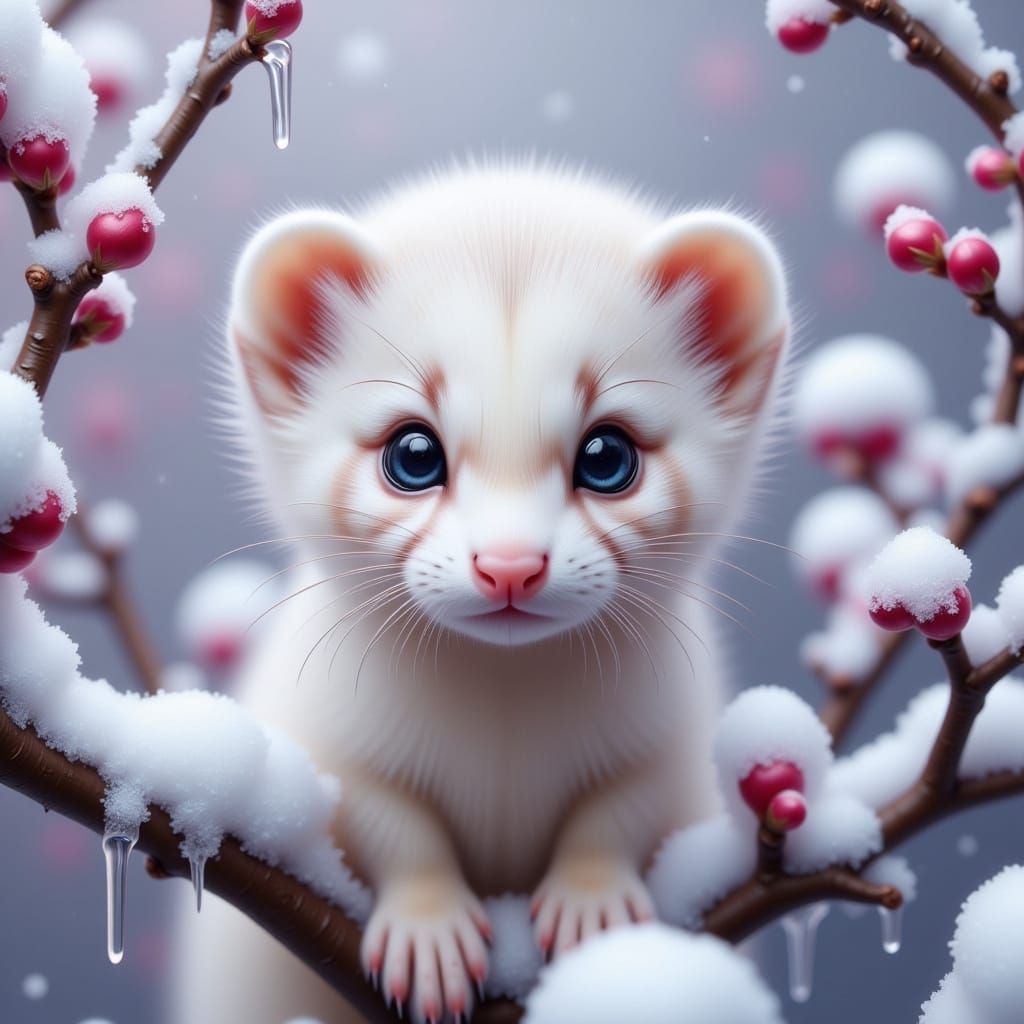 Ferret Perched on Snowy Cherry Blossom Tree