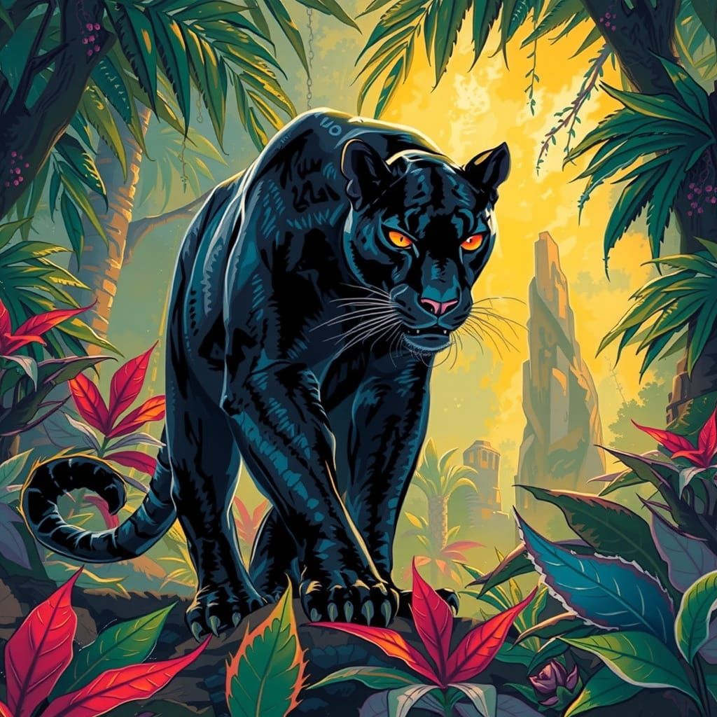 Dark Fantasy Panther Emerges from Emerald Jungle Shadows