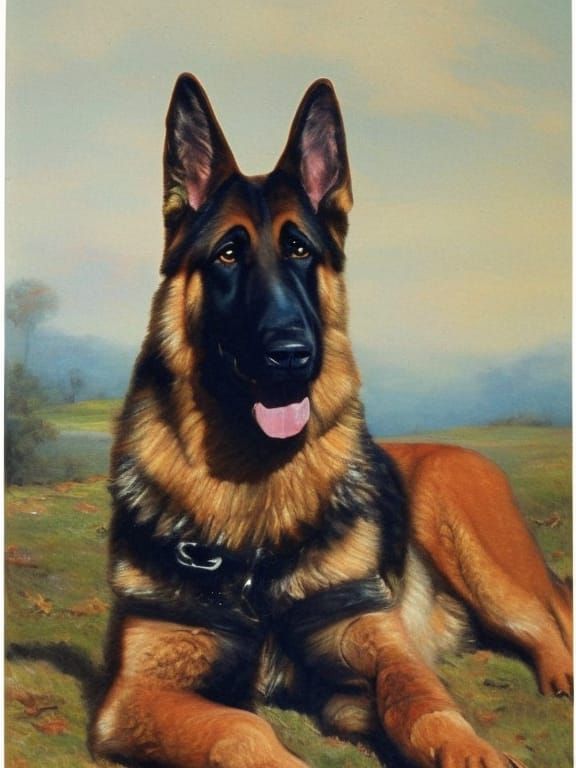 German Shepherd Portrait in Sporting Art Style