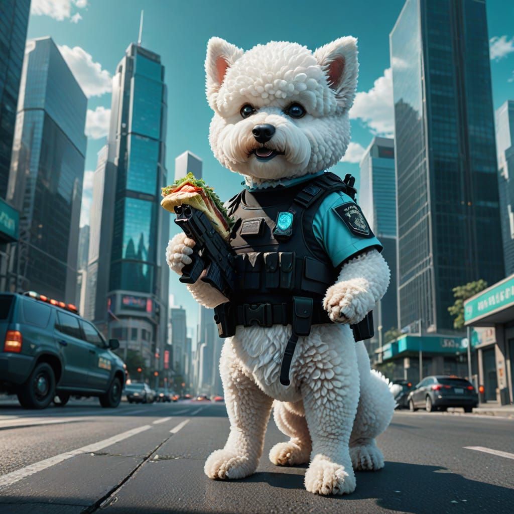 Police Dog in Turquoise Cityscape with Gun and Sandwich