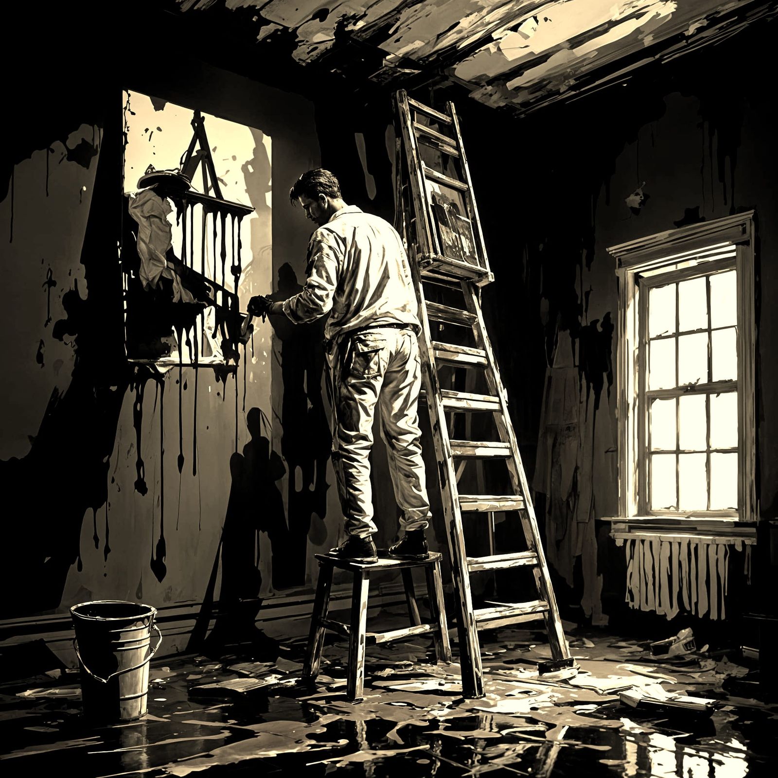 Painter Surrounded by Dripping Paint in a Sinister Atmospher...