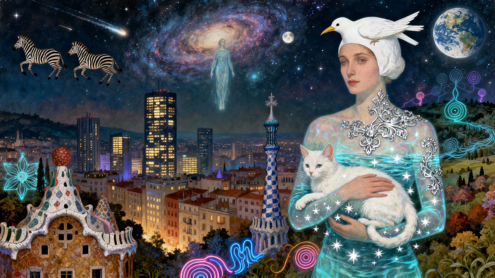 Surreal Gaudí Cityscape with Bioluminescent Figure