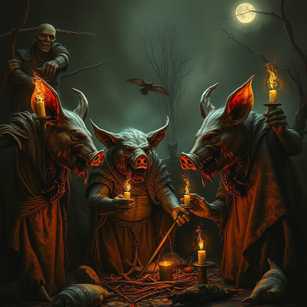 Gothic Pig-Men Celebrate Dark Walpurgis Night in Horror Art