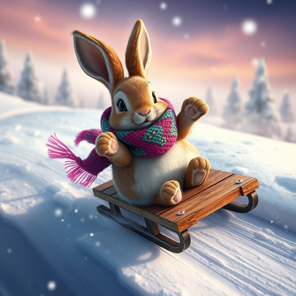 Whimsical Bunny Speeds Down Snowy Hill in Hand-Knitted Scarf