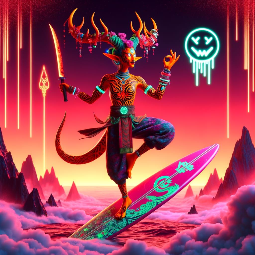 Cyberpunk Oracle Rides Neon Waves