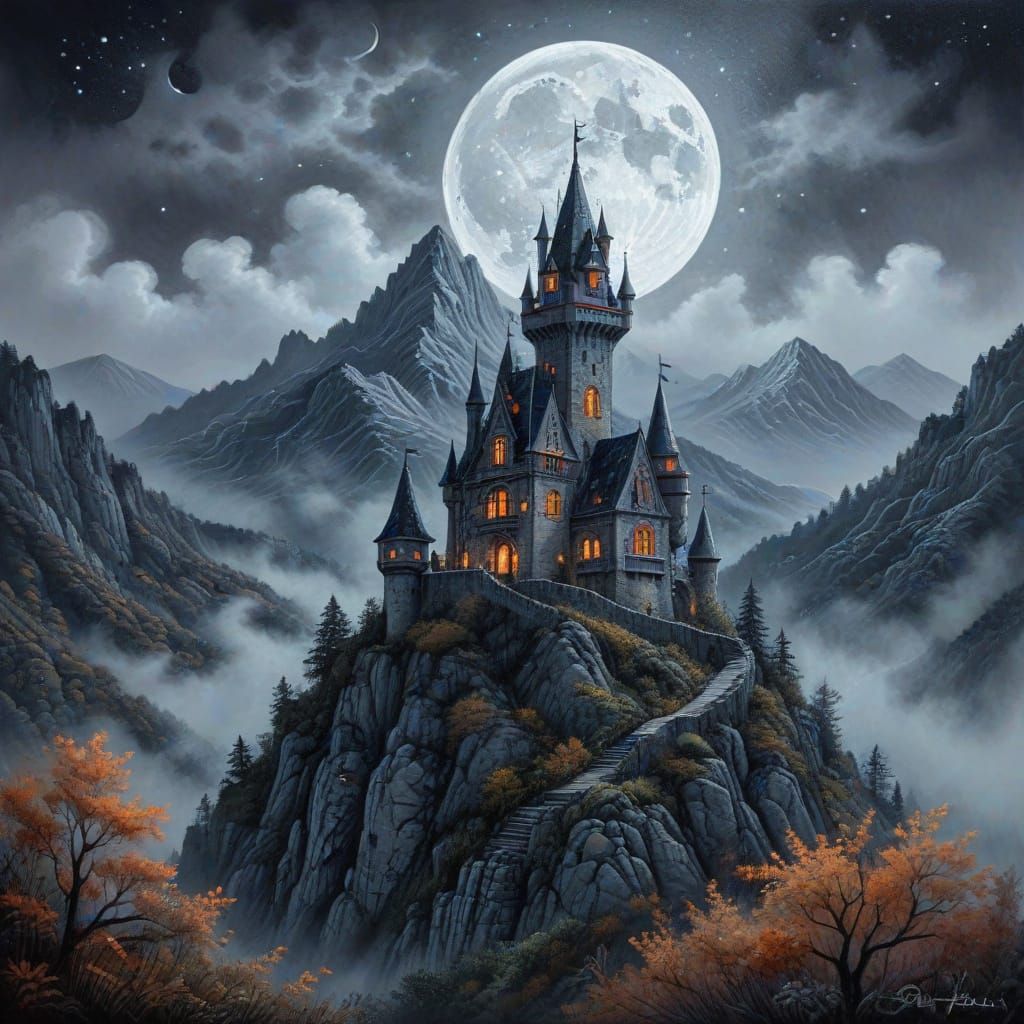 Haunted Castle in Moody Gouache Landscape