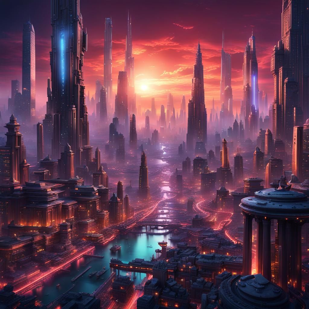 Futuristic Metropolis Under Twilight Sky: Digital Matte Pain...
