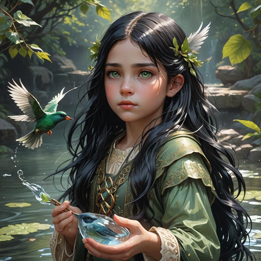 Girl with Bird Portrait in Art Nouveau Style