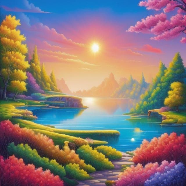 Synthwave Pastoral Landscape in Pop Art Style