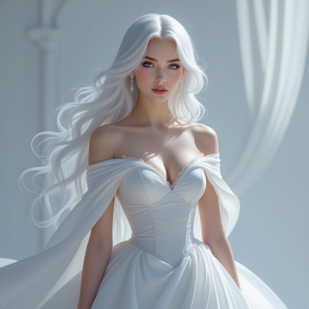 Ethereal Woman in White Gown, Hyperrealistic Detail